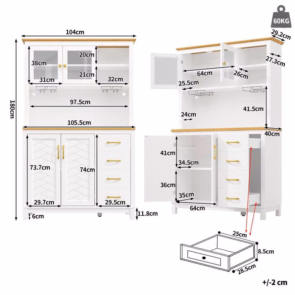 ModernLuxe White Matt Kitchen Tall Cupboard with 4 Hinged Doors, Integrated LED Lighting and Glass Holders, H 180 cm x W 40 cm x D 105.5 cm – 3