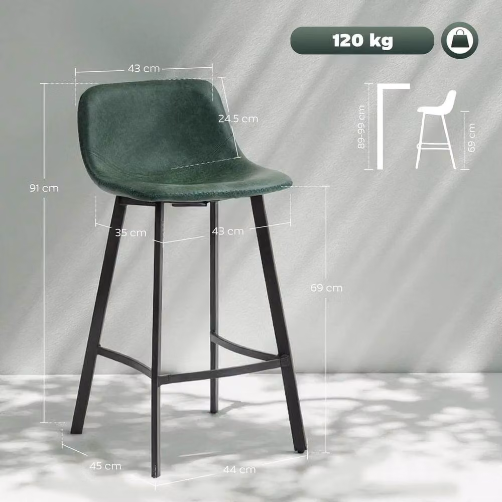 VOGREX Set of 2 Green Synthetic Leather Bar Stools with Backrest and Matt Metal Legs – 2