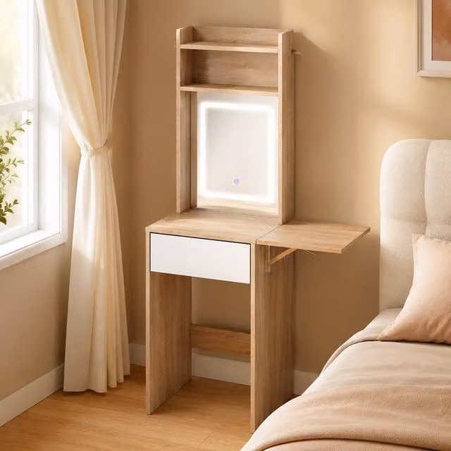 STILVORA Dressing Table with LED Mirror, Drop Leaf and Drawer in Beige