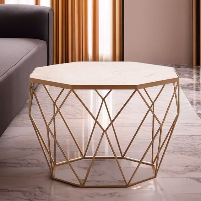Orsina Octagon White Marble Coffee Table with Gold Geometric Base W/D/H: 67 x 47 x 19 cm – 1