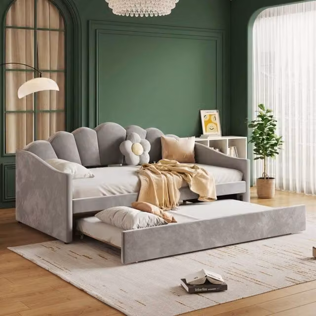 Merax Grey Velvet Scalloped Upholstered Single Daybed with Trundle Bed, W/D/H: 90 x 190 cm