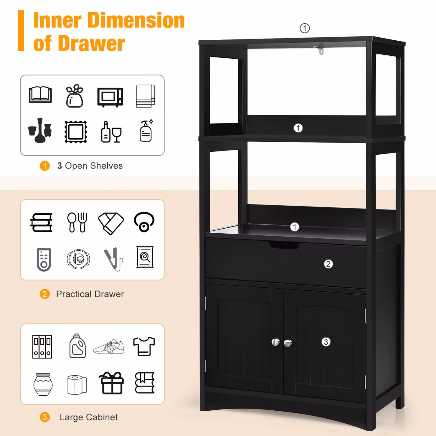 Costway Black Wooden Tall Freestanding Bathroom Floor Cabinet with 2 Open Shelves and Internal Storage – 6