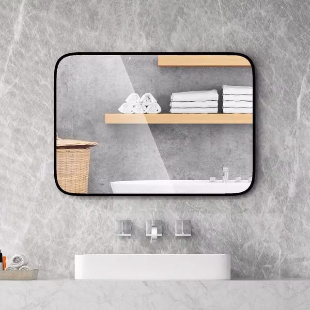 Gymax Modern Rectangular Black Metal Wall Mirror for Bathroom or Living Room, W: 70 cm, H: 50 cm