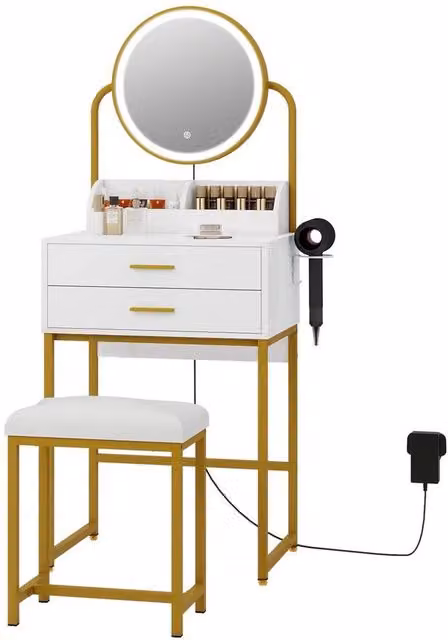 PAWNORA Modern Glossy White Dressing Table with Hollywood LED Lights