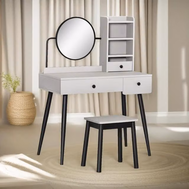 Pirlo Plush Grey Dressing Table with Mirror and Stool