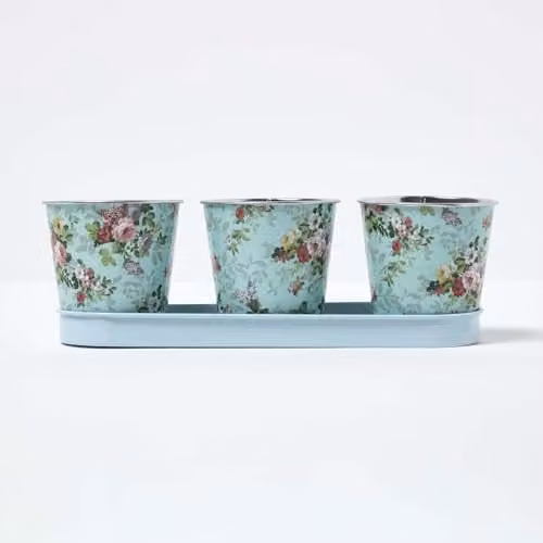 Homescapes Rose Pattern Herb Pots with Tray, Set of 3, Blue, Green and Pink Galvanised Steel Planters