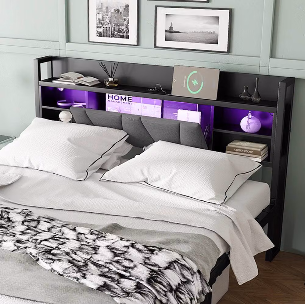 STILVORA Double Metal Bed in Black with Drawers, LED Lighting and USB Charging Port, W/D/H: 140 x 200 cm – 7