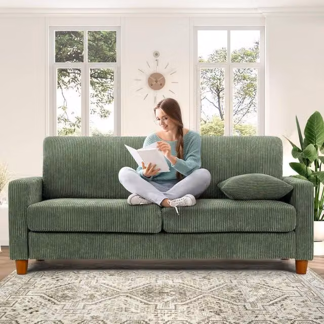 Dprodo Corduroy Upholstered Seater Sofa in Green with Scatter Cushions, W: 178 cm