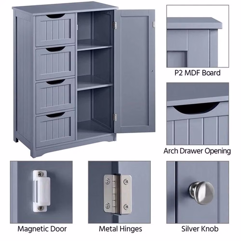 KORVIXA Grey Free Standing Bathroom Floor Cabinet with 4 Drawers and 1 Door, W: 60 cm, H: 75 cm – 4