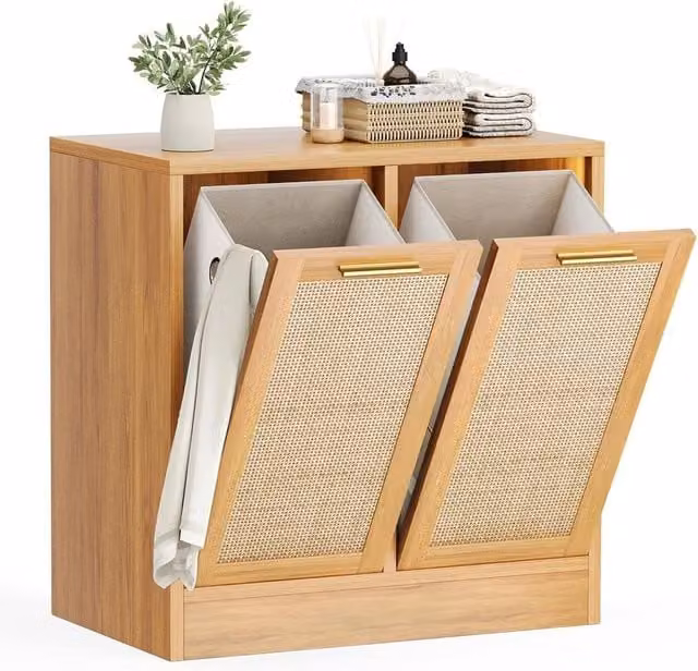 Pamapic Scandinavian Rattan Bathroom and Bedroom Storage Cabinet in Beige – 1