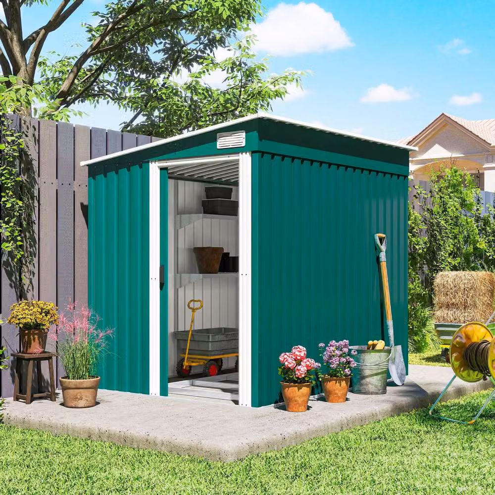 Rolipo Green Galvanised Metal Pent Shed with Sliding Door – 3