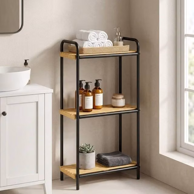 STILVORA 3 Tier Freestanding Storage Shelf with Black Lacquered Bamboo Slatted Shelves – 1