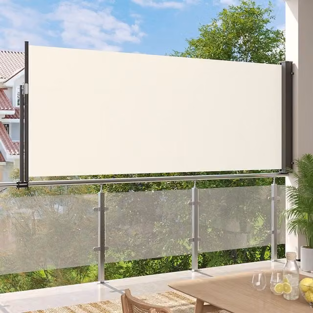 Livingandhome Outdoor Retractable Side Awning Sunshade Blind in Beige White, Polyester and Aluminium, Width: 120 cm