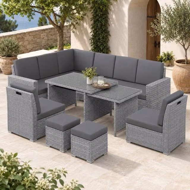 STILVORA 10-Seater Sofa Set with Expandable Glass Table and Rattan Details in Grey