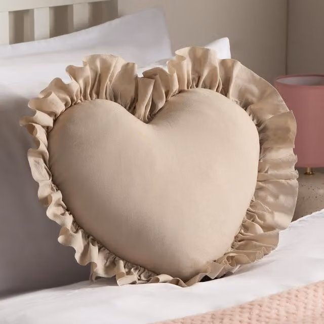 OHS Heart Shaped Frilled Cushion in Beige and Yellow