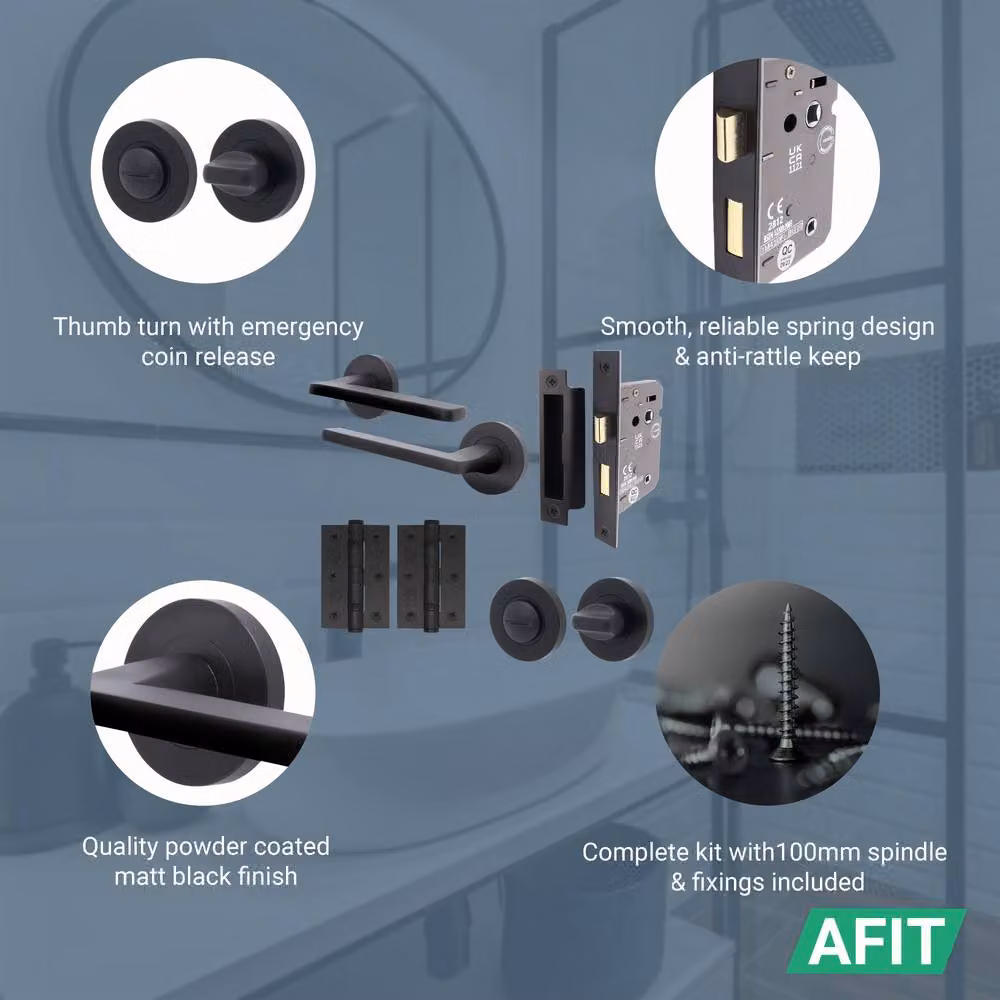 AFIT Matt Black Aluminium Bathroom Door Handle with Latch and Lock, W: 15.0 cm x H: 15.0 cm – 3