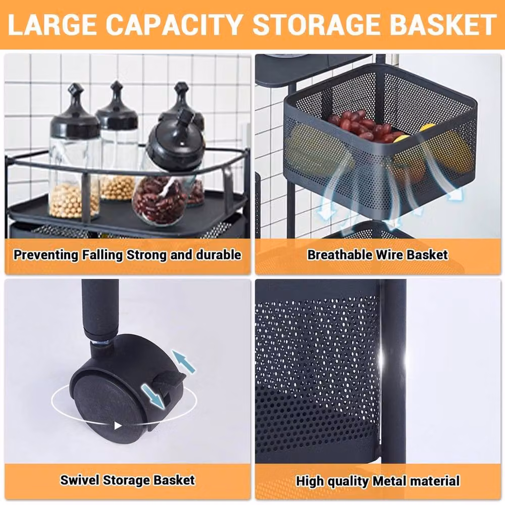 VOGREX 5 Tier Rotating Kitchen Storage Trolley in Black – 5