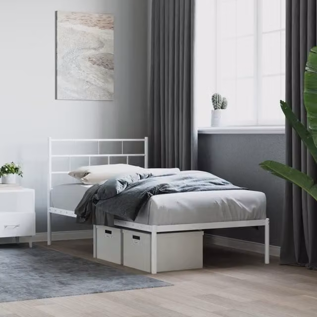 Berkfield Home Metal Bed Frame with Headboard in White, W/D/H: 75 x 190 cm Small Single – 1