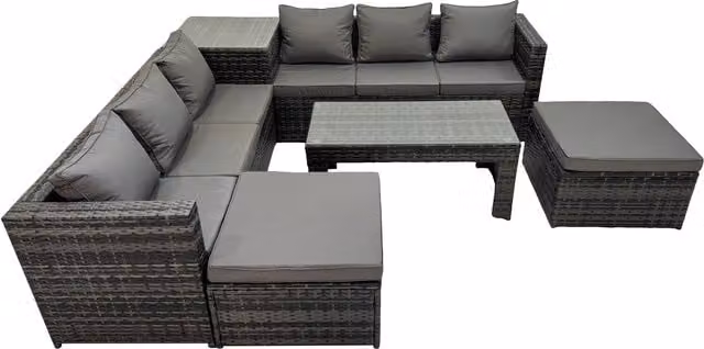 Fimous Garden Rattan 8-Seater L-Shape Corner Sofa Set in Dark Grey with Ottoman and Coffee Table