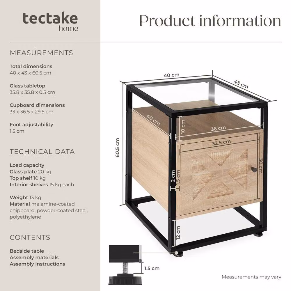 tectake Kidderminster Bedside Table with Shelf and Cupboard in Light Oak, W/D/H: 40 x 43 x 60.5 cm – 6