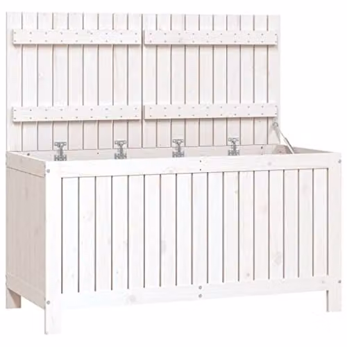 vidaXL Garden Storage Box in White Solid Pine Wood with Soft-Close Lid, W/D/H: 121 x 55 x 64 cm