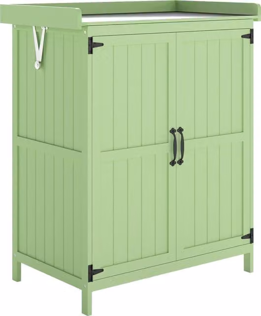 Outsunny Wooden Garden Storage Shed with Double Doors and Internal Shelving, Green, W/D/H: 88.0 x 67.0 x 40.0 cm – 1