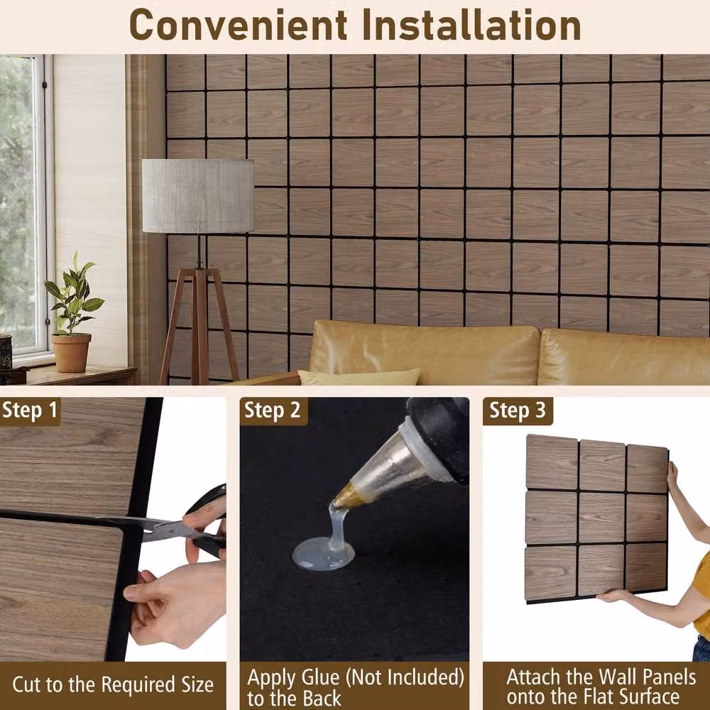 Gymax 4 Pack of 9 Square Wooden Sound Absorbing Acoustic Panels, Wood Look, W: 62 cm, H: 62 cm, in Brown and Beige – 4