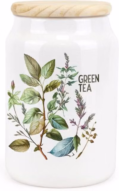 Purely Home Floral Watercolour Herbs Ceramic Green Tea Storage Canister in Green and White