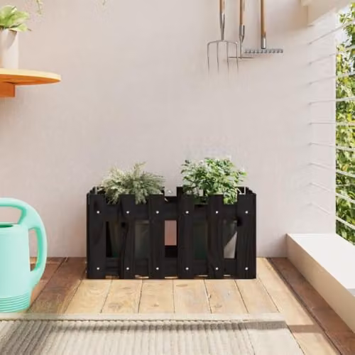 vidaXL Garden Planter with Fence Design in Black Solid Wood, W: 60 cm, D: 30 cm, H: 30 cm – 2