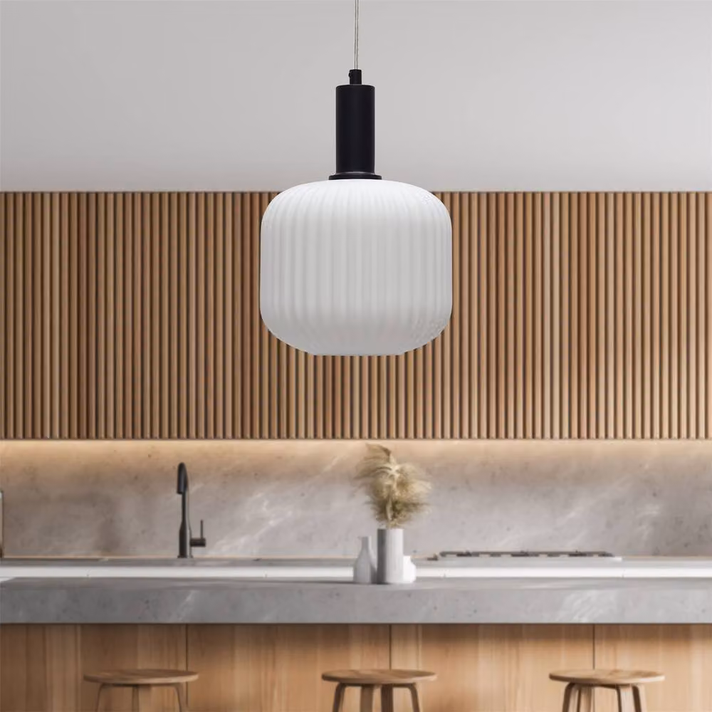 First Choice Lighting Bento Art Deco Pendant Fitting with White Ribbed Glass and Black Metal Finish – 2