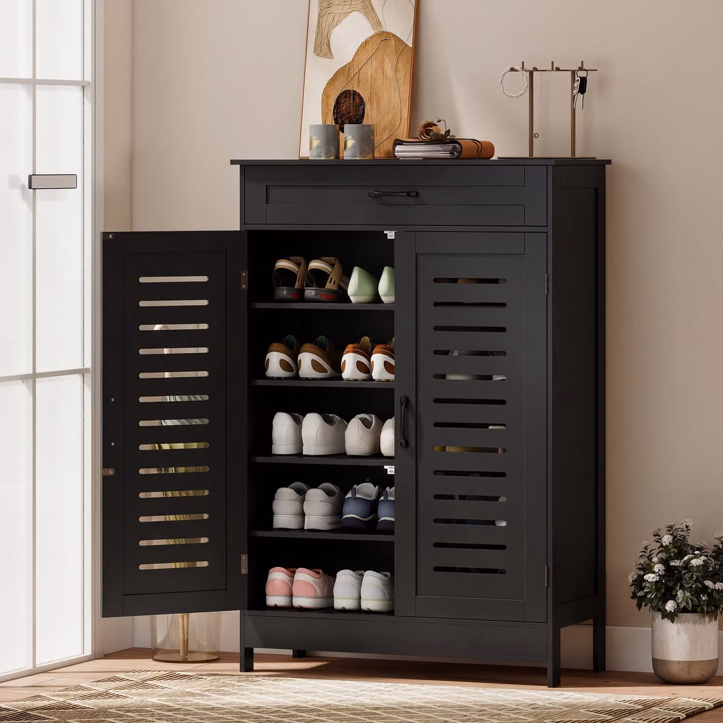 HOMCOM Modern Black Shoe Storage Cabinet with Hinged Doors, Internal Drawers and Adjustable Flat Shelves – 2