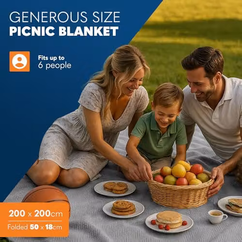 Voyager Grey Herringbone Picnic Blanket, W/D/H: 200 x 200 x 200 cm, Waterproof and Sandproof Foldable Mat with Carry Handle – 2