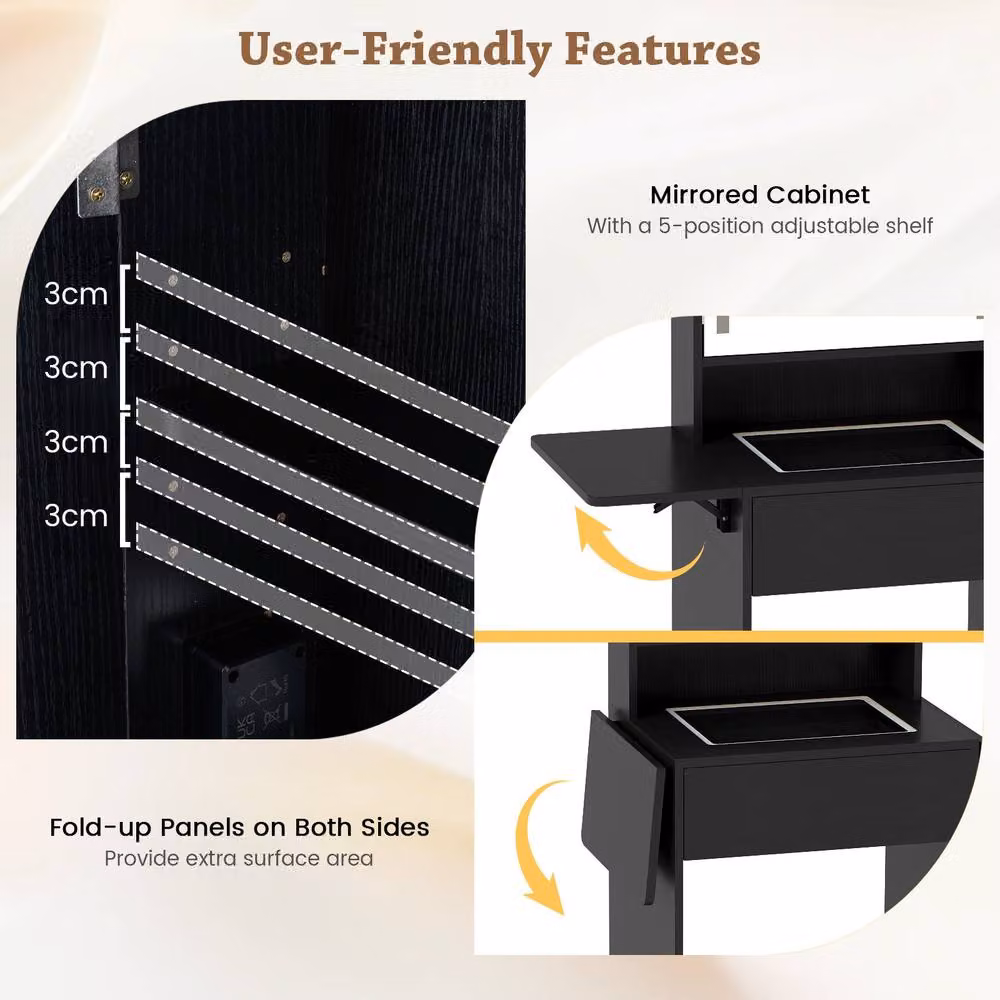 Costway Modern Black Dressing Table and Stool Set with Hollywood LED Lights and Charging Station – 6