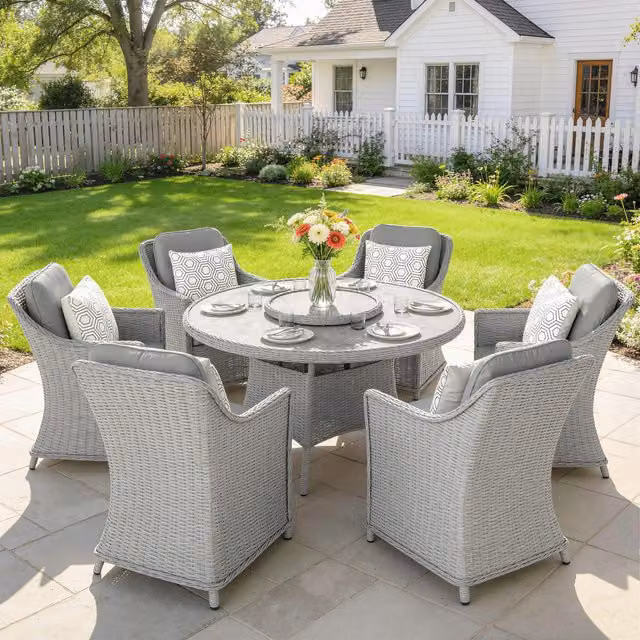 Outsunny Grey Rattan Garden Dining Set with Turntable and Metal Frame