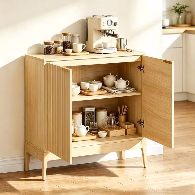 London Boutique Modern Fluted Sideboard Cabinet in Beige Oak, W/D/H: 80 x 40 x 80 cm