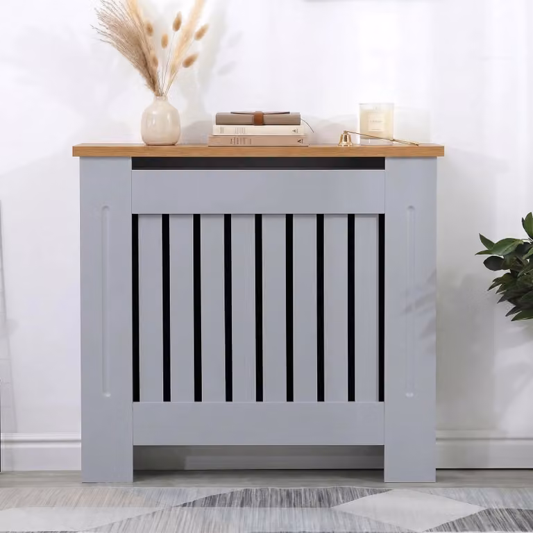 DHS Grey Radiator Cover with Oak Top and Vertical Slatted Design