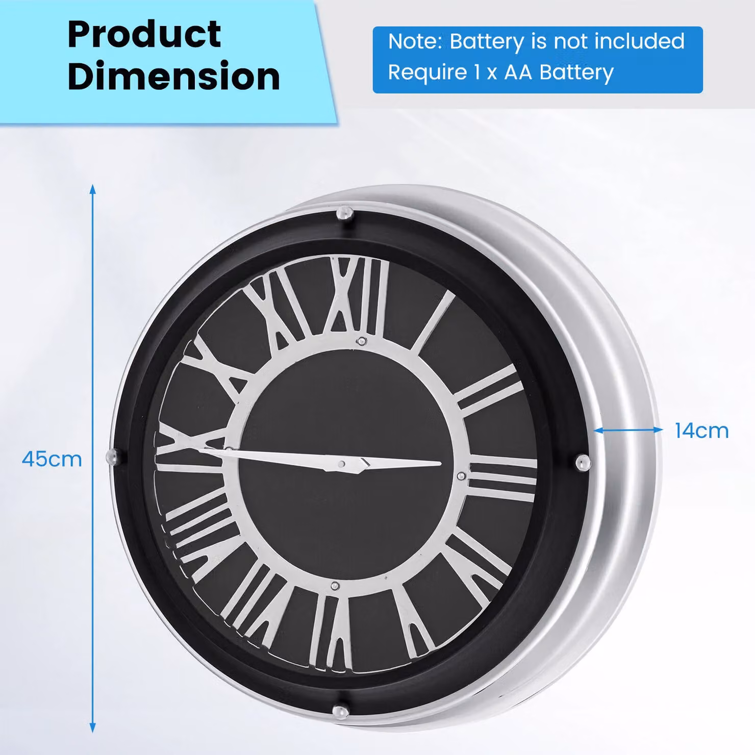 Costway Modern Silent Non-Ticking Round Quartz Wall Clock in Black, Diameter: 44.45 cm – 2