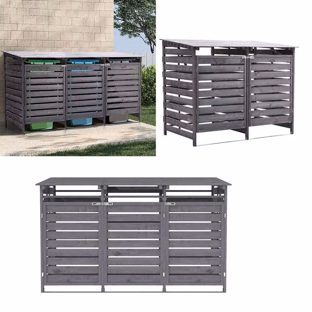 Living and Home Grey Weatherproof 3-Bin Garbage Shed with Sloped Roof, Solid Spruce Construction – 4