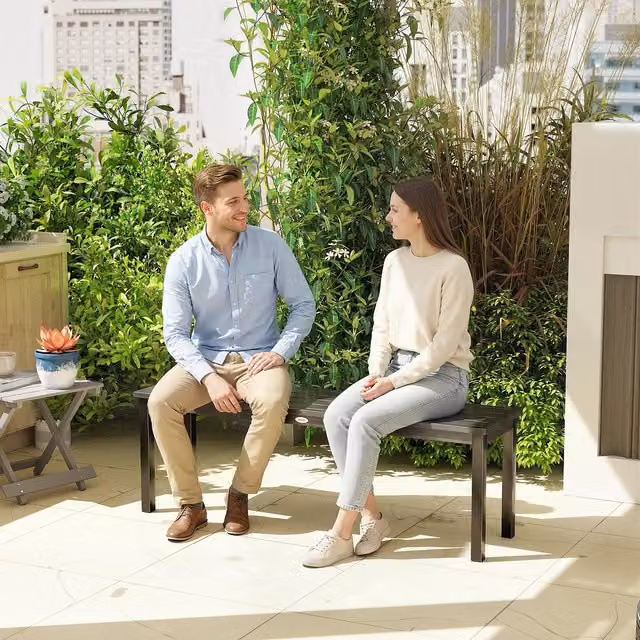 Outsunny Metal Garden Bench Loveseat with Wood-Effect Slatted Seat, Grey