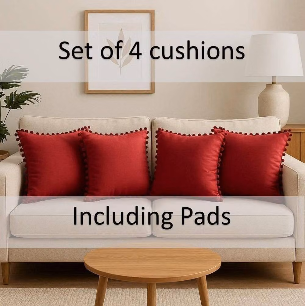 Luxury Living Set of 4 Red Velvet Square Cushions with Pom Trim, W/D/H: 43 x 43 x 43 cm – 2