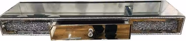 DEENZ Silver Crystal Diamond 1 Drawer Shelf with Full Mirror Top and Geometric Glass Design