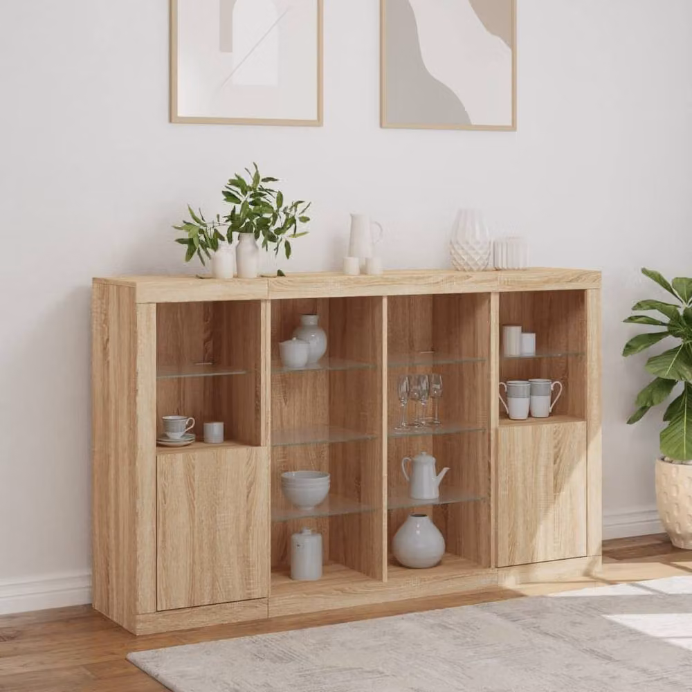 Berkfield Home 3-Piece Sonoma Oak Sideboard Set with Integrated LED Lighting in Light Tan – 3