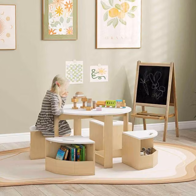 AIYAPLAY Kids Table and Chairs Set with Storage in White