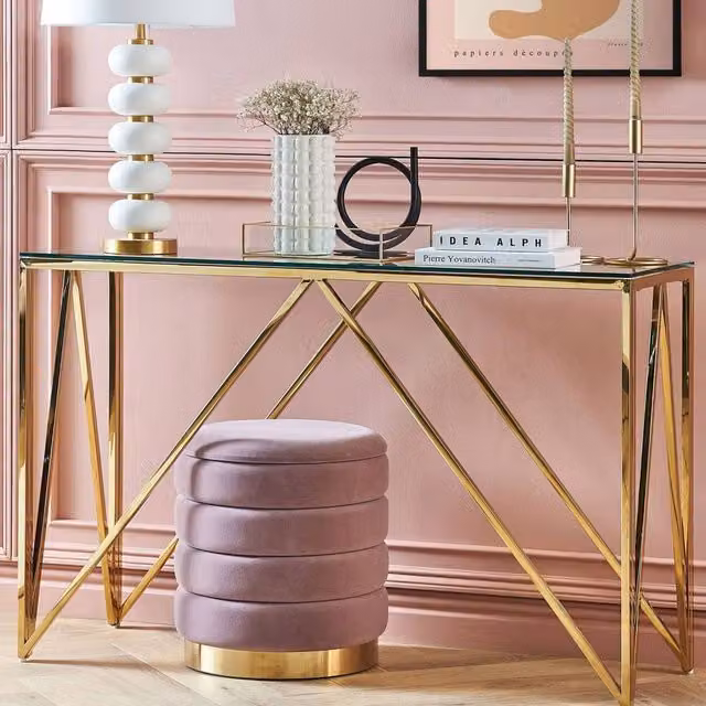 Wyld and Coco Glamouria Gold Console Table with Tempered Glass and Glossy Stainless Steel, W/D/H: 120 x 40 x 78 cm