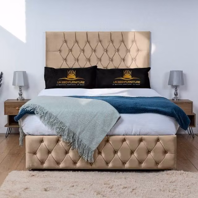 UK Bed Furniture Monaco Divan Bed Base with 26 Inch Headboard in Beige, Single, W/D/H: 90 x 190 cm