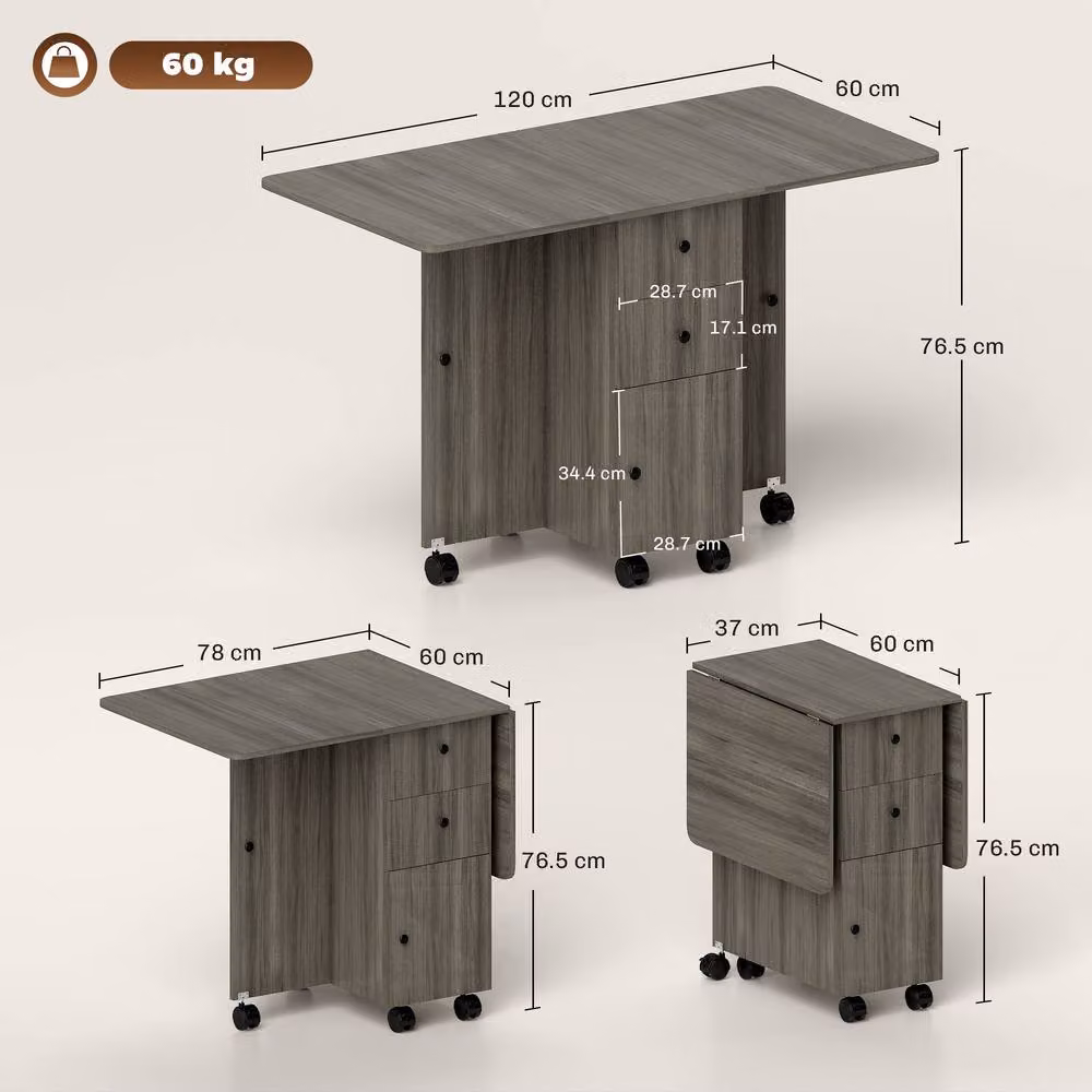 STILVORA Modern Grey Drop Leaf Rectangular Dining Table with Castors W/D/H: 120 x 76.5 x 6.0 cm – 3