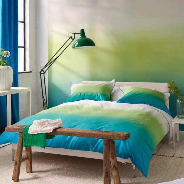 Designers Guild Savoie Cotton Percale Duvet Cover Bedding Set in Blue, Green and White