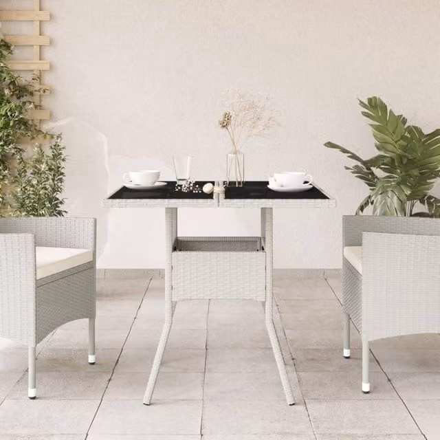 Berkfield Home White Poly Rattan Garden Table with Glass Top, W/D/H: 80 x 80 x 75 cm