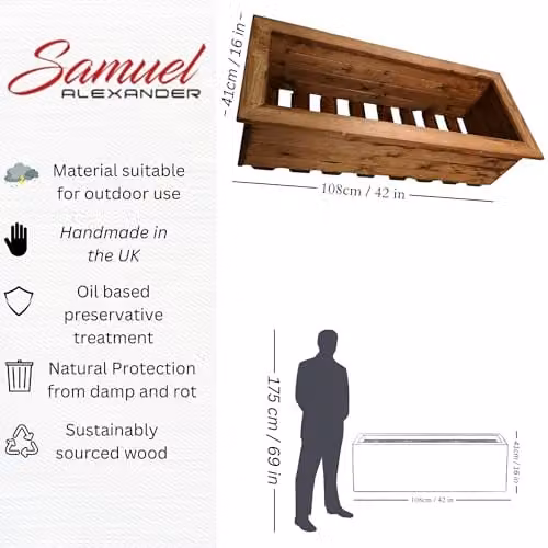 Samuel Alexander Rustic Wooden Garden Trough Planter, Brown, W: 108.5 cm, D: 41.5 cm, H: 32 cm – 5