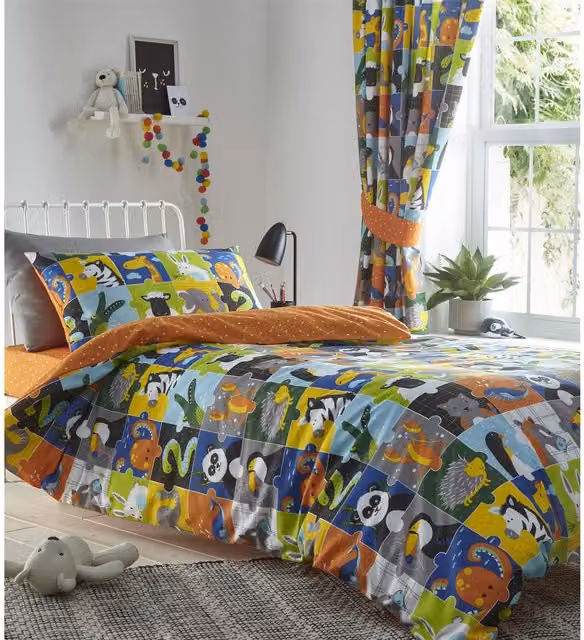 Portfolio Home Reversible Animal Jigsaw Duvet Cover Set for Children in Multicolour and Orange